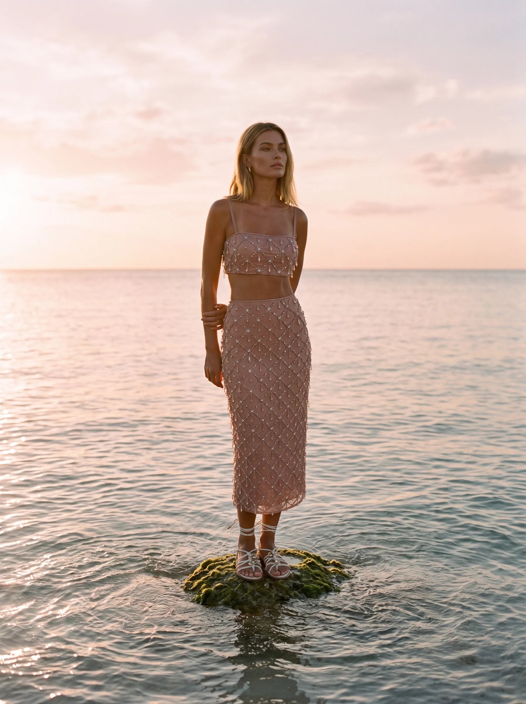 Calliope Luxury Crystal Co-Ord Skirt Nude
