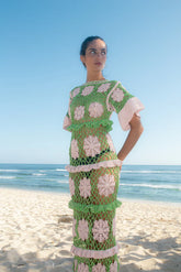 Elle Crochet Dress Green/Pink