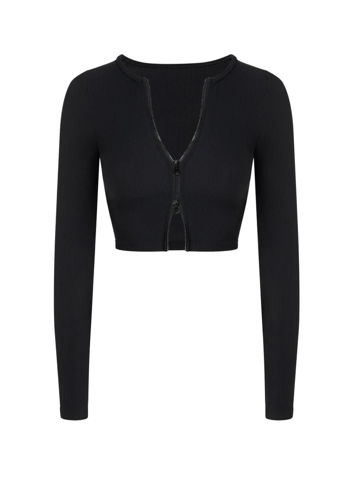 Alexa Ribbed Zipper Crop Jacket Black
