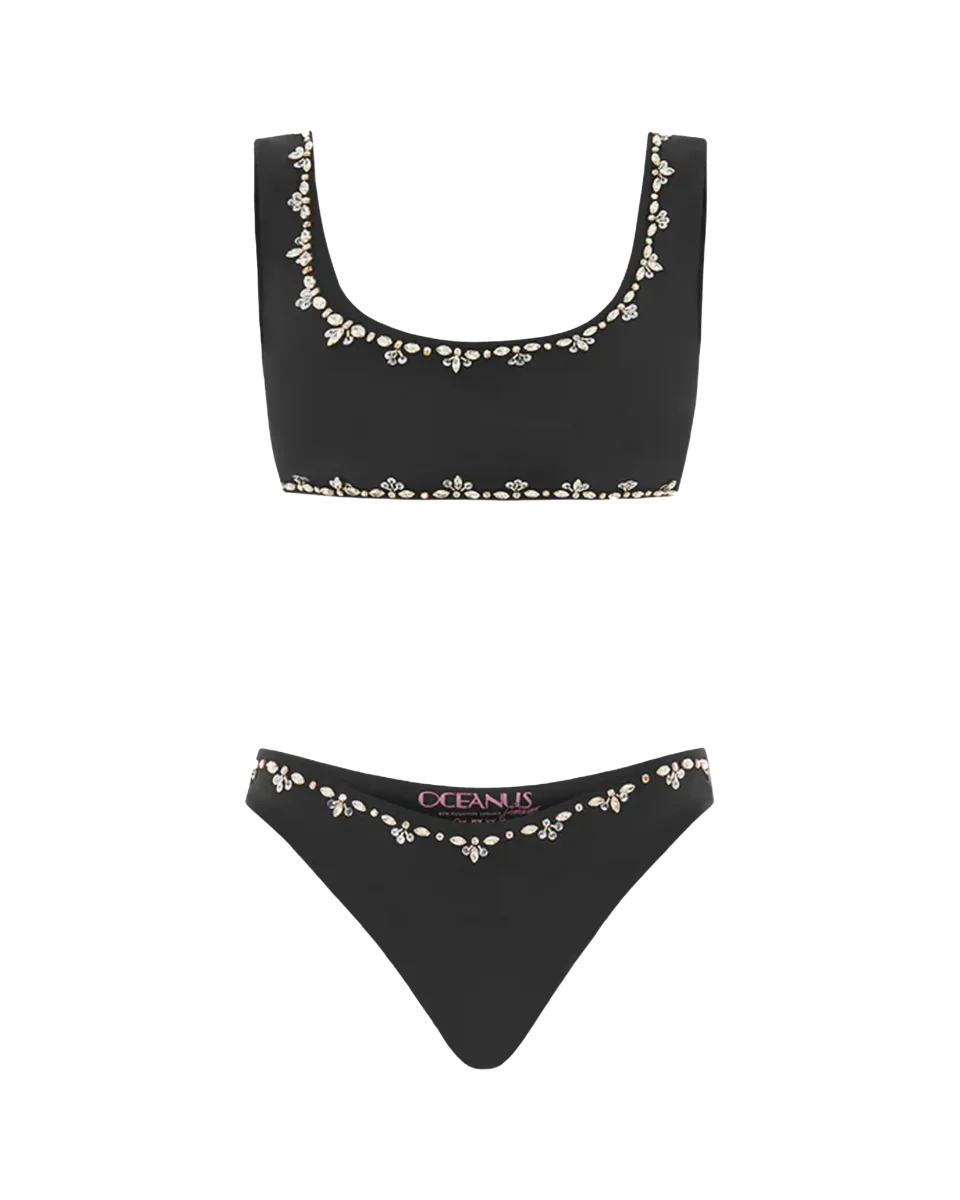 Aaliyah Hand Beaded Crystals Bikini Top - Black