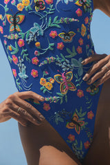Alabama Floral Hand Embroidered One Piece Swimsuit Blue