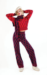 TE LOGO JACQUARD KNIT PANT (High Rise, Slim Fit), NAVY/RED