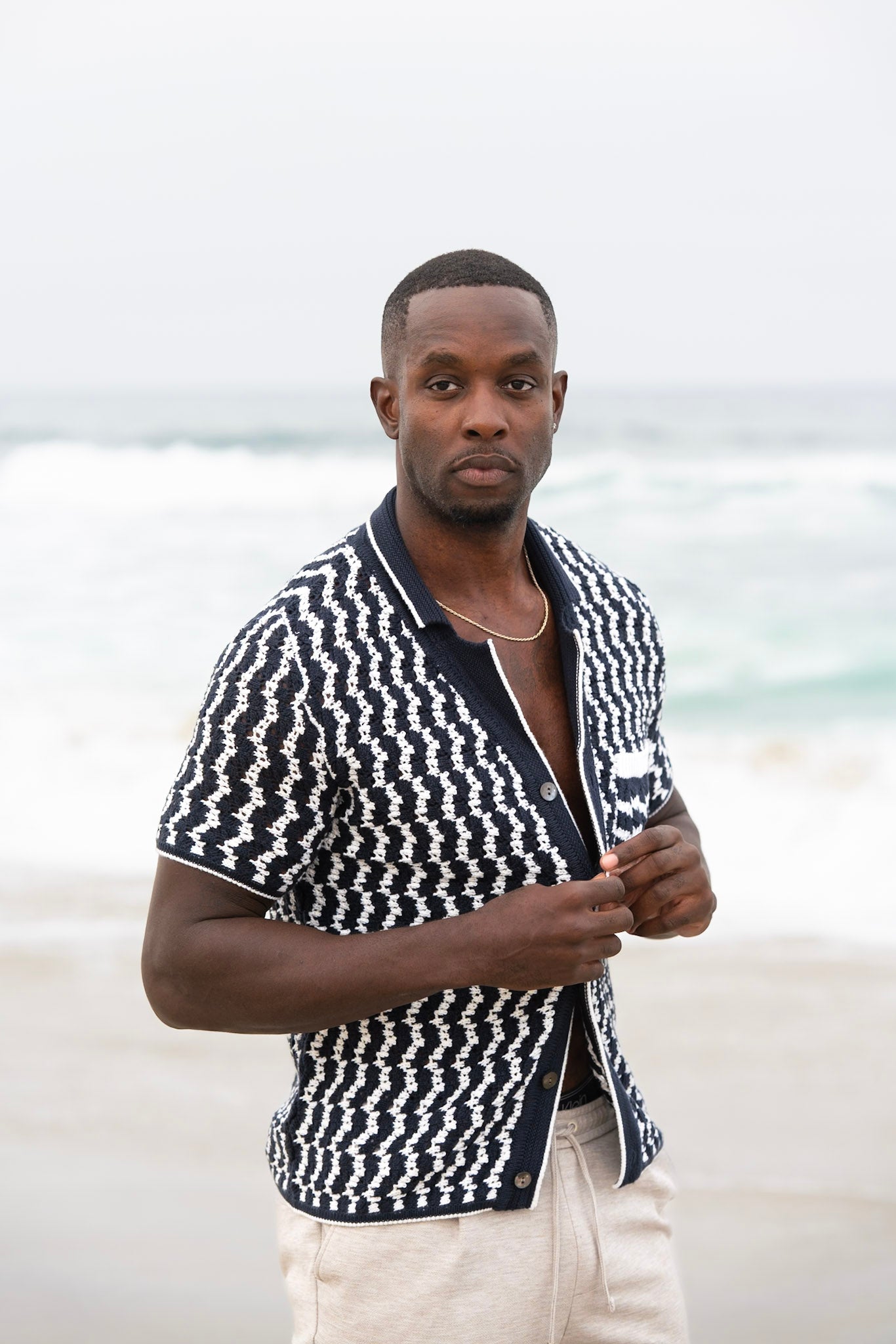 Crochet Button-Up Shirt | Organic Cashmere Cotton Blend | Navy & White