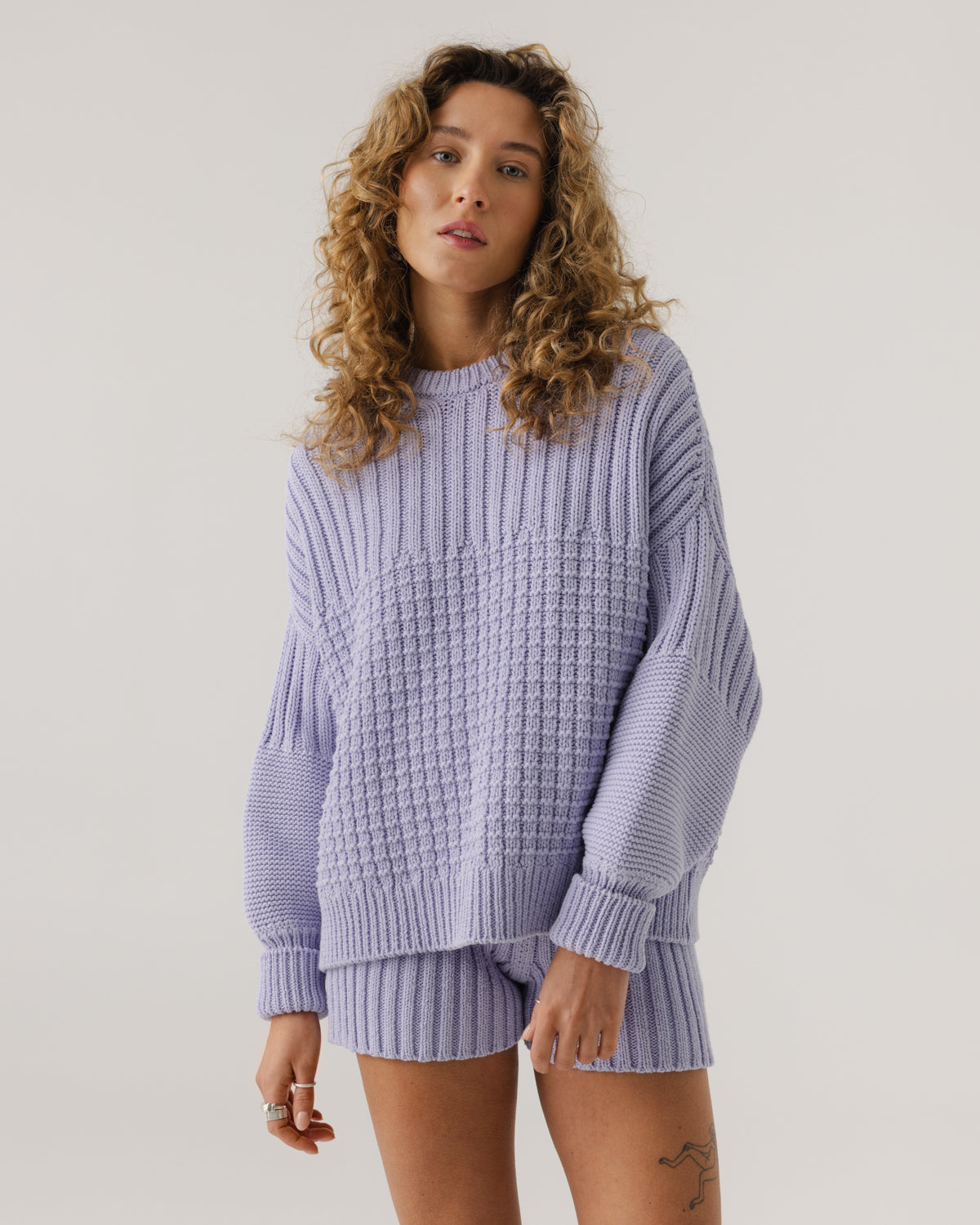 Delčia: Lilac Cotton Sweater & Shorts Set