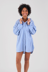 Hiba Stripe Ethical-Cotton Long Line Shirt - Santorini Blue