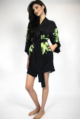 Silk Dreamscape Short Kimono Robe Black Flower