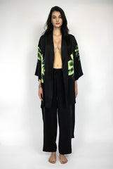 Silk Dreamscape Short Kimono Robe Black Flower