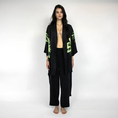Silk Dreamscape Short Kimono Robe Black Flower