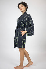 Silk Dreamscape Short Kimono Robe Black Check