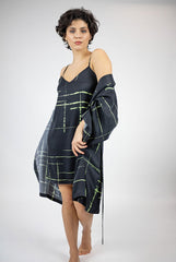 Silk Dreamscape Short Kimono Robe Black Check