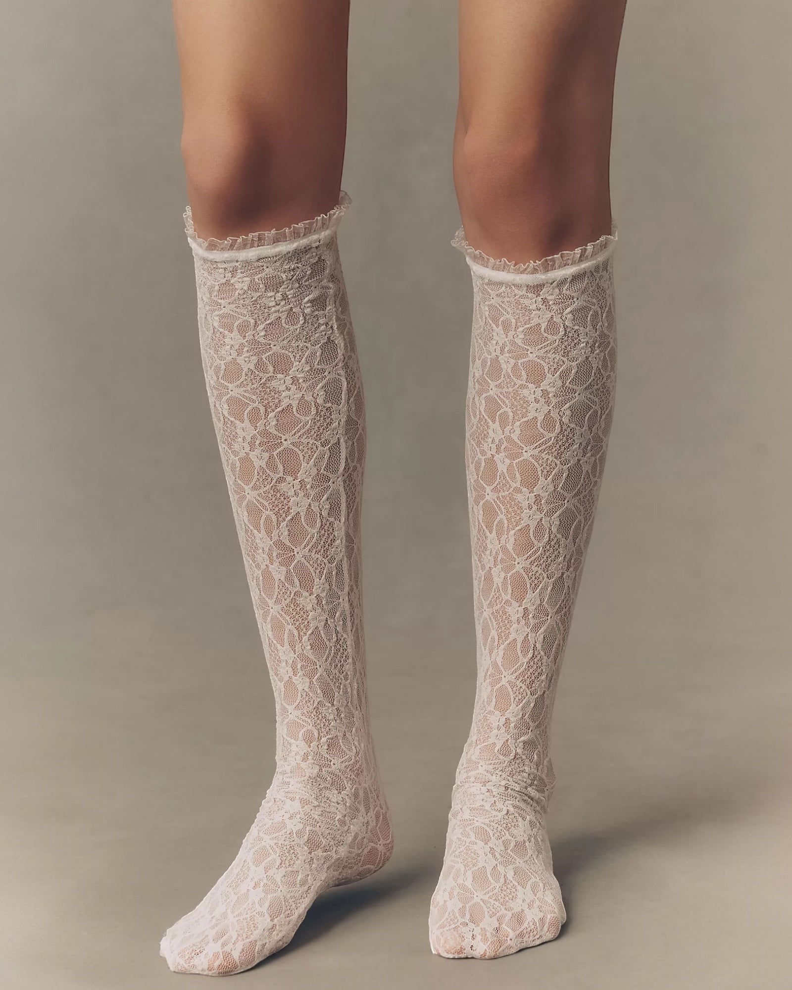 Lace Knee High Socks - White