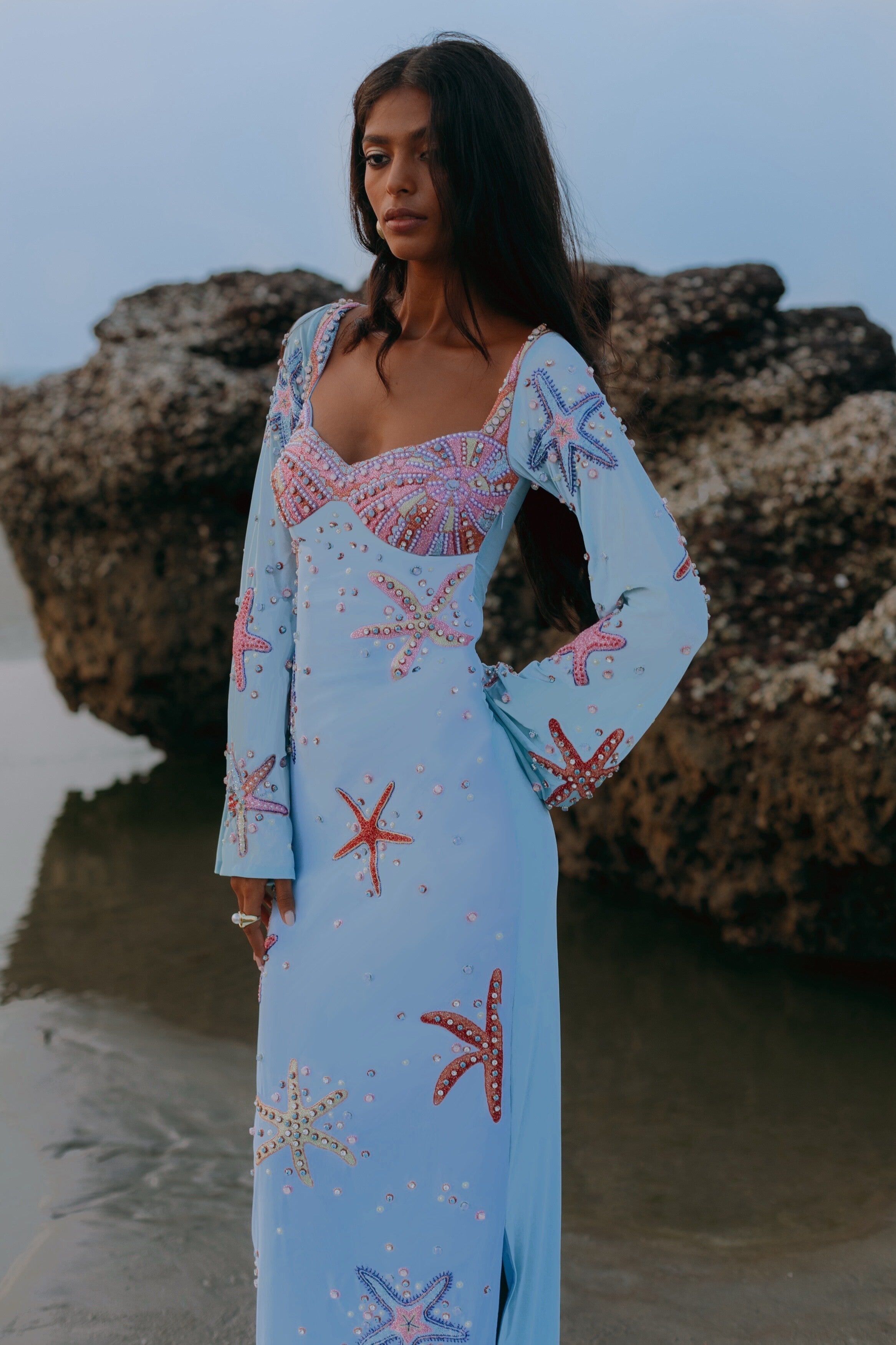 Crescent Shell Bell Sleeve Dress