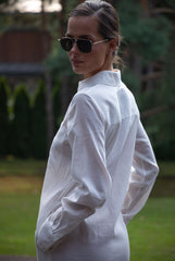 White Linen Voile Button-Down Long Shirt Dress