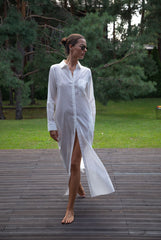 White Linen Voile Button-Down Long Shirt Dress