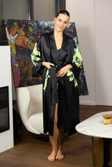 Silk Dreamscape Long Kimono Robe Black Flower
