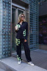 Silk Dreamscape Pyjama Shirt Black Flower