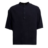 Linen Mandarin Neck Half Button Short Sleeve Shirt Black