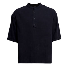 Linen Mandarin Neck Half Button Short Sleeve Shirt Black