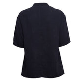 Linen Mandarin Neck Half Button Short Sleeve Shirt Black
