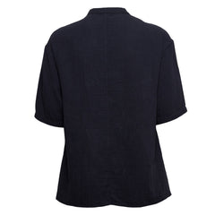 Linen Mandarin Neck Half Button Short Sleeve Shirt Black
