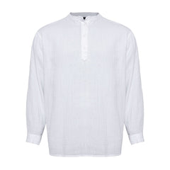 Linen Mandarin Neck Half Button Long Sleeve Shirt White