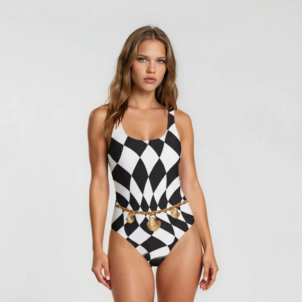 Retro One Piece Swimsuit - Belly Chain Harlequin