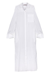 White Linen Voile Button-Down Long Shirt Dress