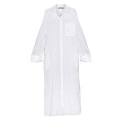 White Linen Voile Button-Down Long Shirt Dress