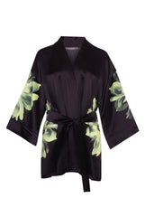 Silk Dreamscape Short Kimono Robe Black Flower
