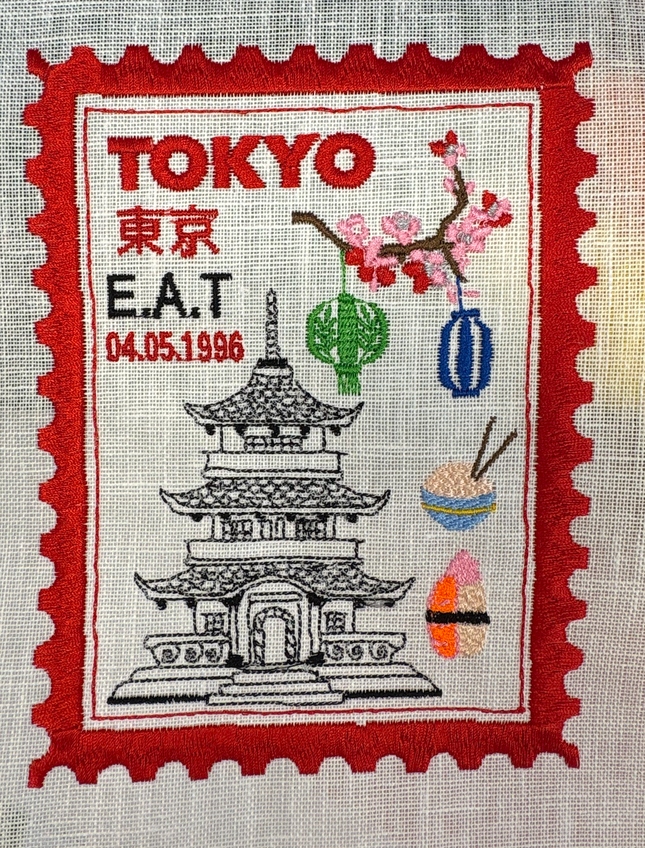 Tokyo Inspired Embroidered Postage Stamp