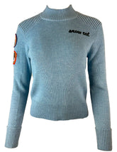 "Snow Cat" Embroidered and Decorated Rib Sweater Color: Cornice Blue