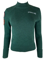 "Snow Cat" Embroidered and Decorated Rib Sweater Color: Spruce Green