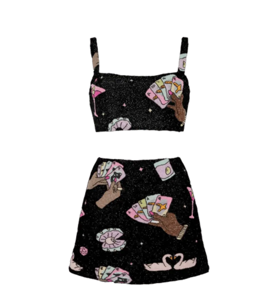Vegas Beaded Mini Black Party Beach Co-Ord Top