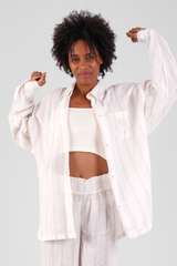 Yew Striped Ethical-Cotton Pyjama Shirt - Summer Sand Beige