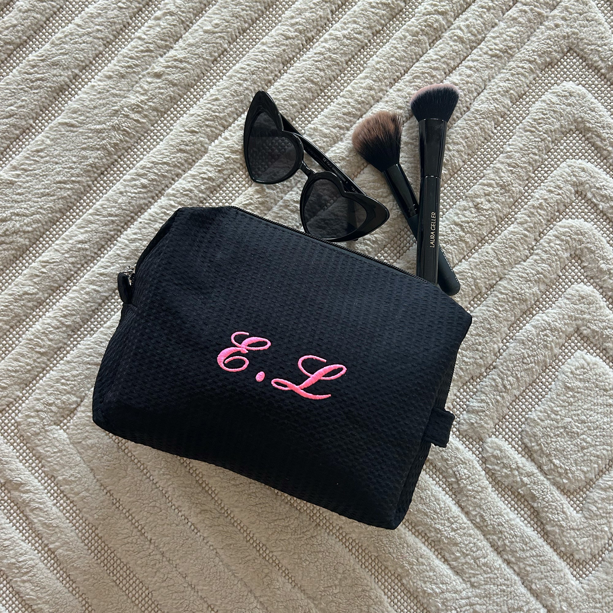 Black Monogramed Waffle Make Up Bag