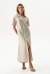 Strapped Cotton Long Shirt Dress Oat Milk