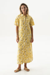 Strapped Cotton Long Shirt Dress Yellow Flowers