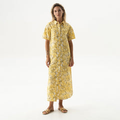 Strapped Cotton Long Shirt Dress Yellow Flowers