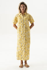 Strapped Cotton Long Shirt Dress Yellow Flowers