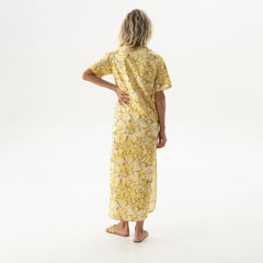 Strapped Cotton Long Shirt Dress Yellow Flowers