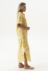 Strapped Cotton Long Shirt Dress Yellow Flowers