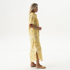 Strapped Cotton Long Shirt Dress Yellow Flowers