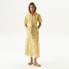Strapped Cotton Long Shirt Dress Yellow Flowers