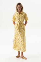 Strapped Cotton Long Shirt Dress Yellow Flowers
