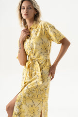 Strapped Cotton Long Shirt Dress Yellow Flowers
