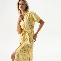 Strapped Cotton Long Shirt Dress Yellow Flowers