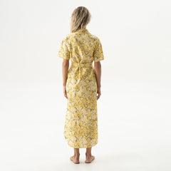 Strapped Cotton Long Shirt Dress Yellow Flowers