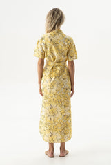 Strapped Cotton Long Shirt Dress Yellow Flowers