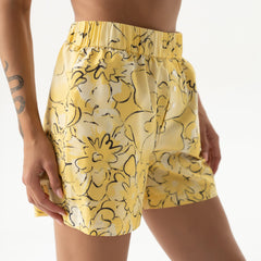 Strapped Cotton Shorts Yellow Flowers