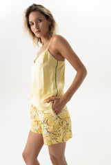Strapped Cotton Shorts Yellow Flowers